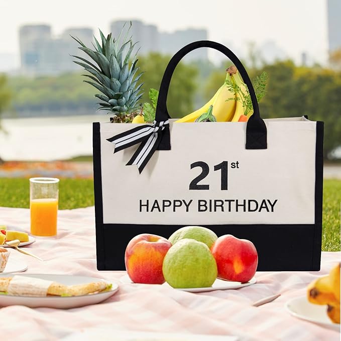 TOPDesign Embroidery Canvas Tote Bag for Women, 21st Birthday Gifts for Her, Friend, Daughter, Girl, Teens, Niece, Granddaughter, Turning 21 Years Old Present, Personalized Bag for Beach, Holiday