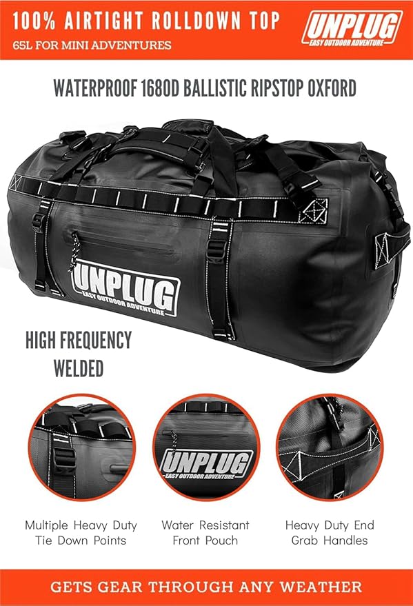 UNPLUG Ultimate Adventure Bag -1680D Heavy Duty Waterproof Travel Duffel Bags for Camping, Motorcycle Dry Bag, Waterproof Bags for Boating, Waterproof Duffle Backpack,Tactical Duffle Bag