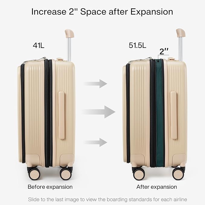 Hanke Grace Expandable Carry On Luggage with Wheels Airline Approved Hard Shell Suitcases with Front Pocket，Top Opening Luggage with TSA Lock for Short Business Travel, Cuban Sand.