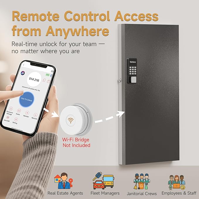 120 Key Lock Box,Metal Key Cabinet Organizer Wall Mount use OTP Technology Unlock,Fixed Password/Bluetooth Unlock, App Remotely Generates Pin Codes Without Internet,Great for Key Hook & Storage