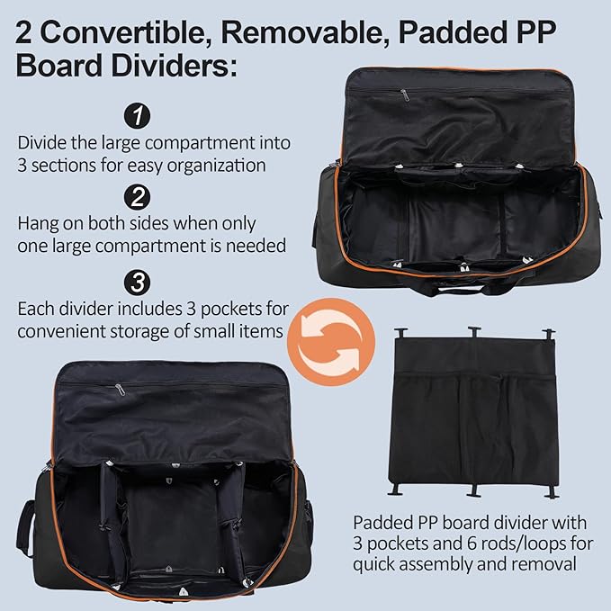110L/140L Expandable Soft-Sided Foldable Duffle Bag with 2 Rubber Wheels,Packable 32” Rolling Carry-On with Multi-Pockets & Compartments,Black Orange