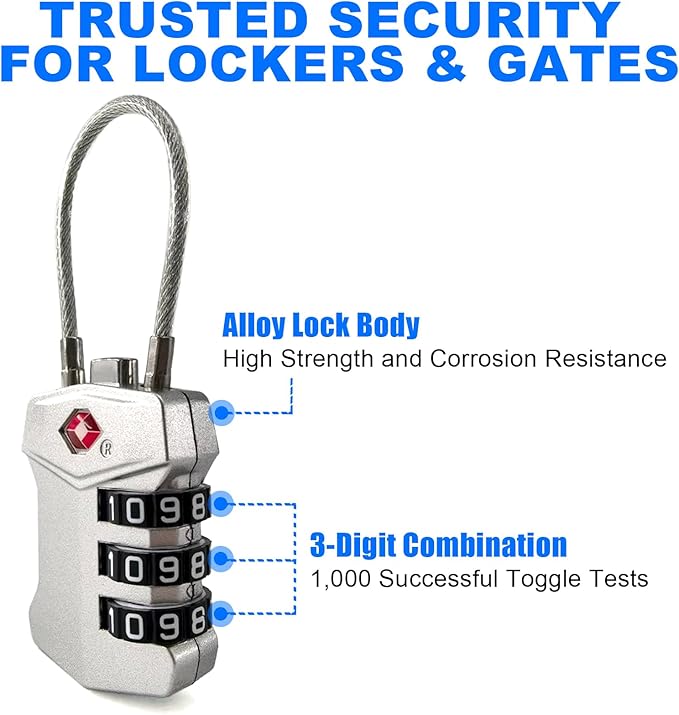 4 Pack TSA Approved Travel Luggage Locks, Cable Combination Lock, 3 Digit Padlock, Alloy Steel Cut-Resistant Cable, Weatherproof Zipper Lock for Gun/Suitcases, Backpacks, Gym Lockers, Golf Bags-NO KEY