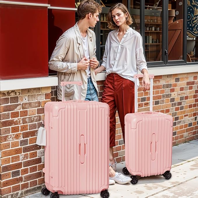 Krute Luggage Sets 2 Piece Suitcase PC+ABS Hardside Double Spinner Wheels TSA Lock Carry On Luggage 20+28 Inch (Pink)