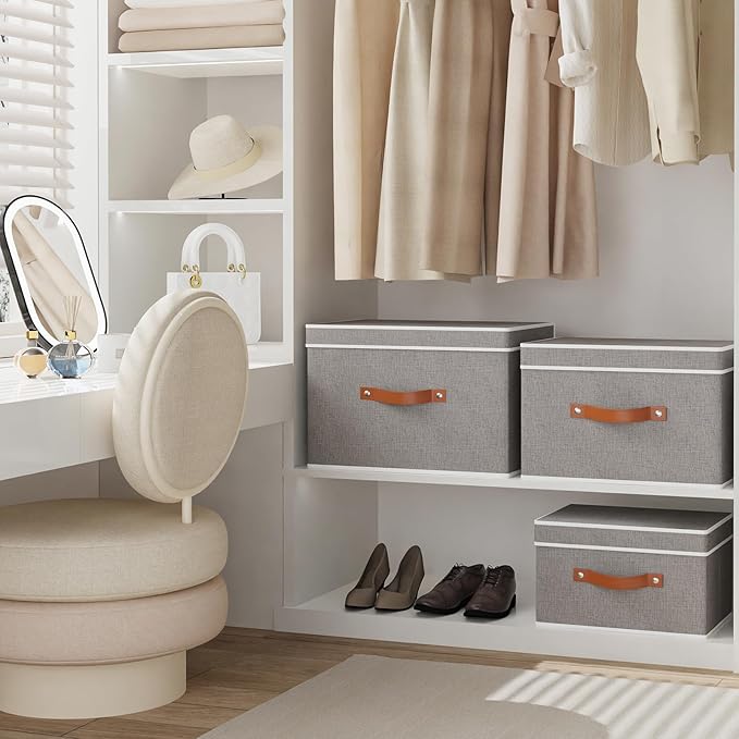Fabric Storage Bins with Lids, Linen Foldable Clothes Boxes, Closet Organizer Containers with Double Handles, Baskets for Bedroom, Grey, 3 Pack, 13 x 9.1 x 7.9 Inch