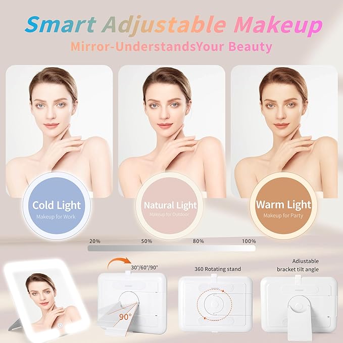 Makeup Bag with LED Mirror & Magnifier, Large Cosmetic Organizer Travel Makeup Case with Adjustable Brightness & 6 Detachable Dividers, Portable Makeup Storage for Women Girls (Pink)