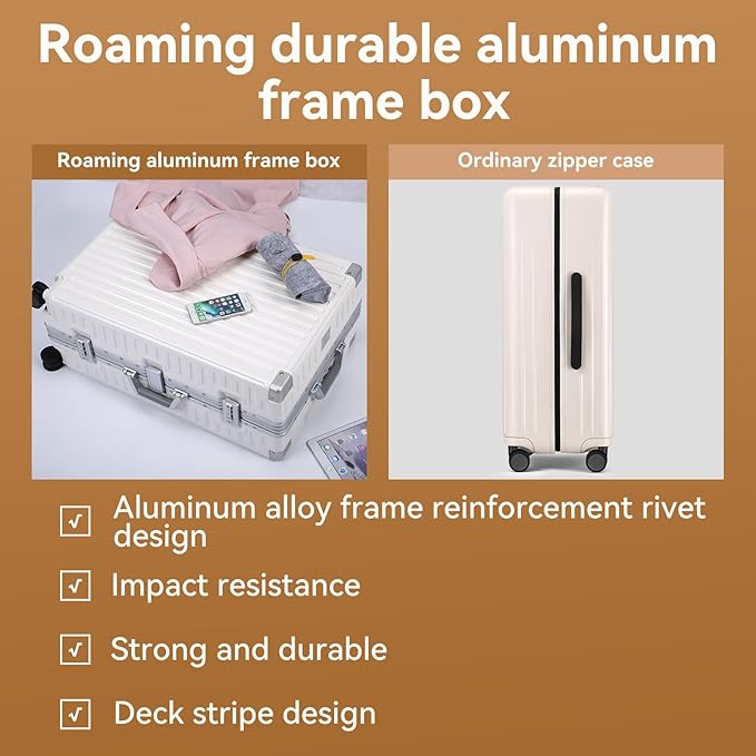 ROAMING Zipperless Luggage 22 Inch with Aluminum Frame, Polycarbonate Trunk-Medium Lightweight Hard Shell Suitcase with Spinner Wheels, Metal Travel Luggage with Double Tsa Locks, Shell white