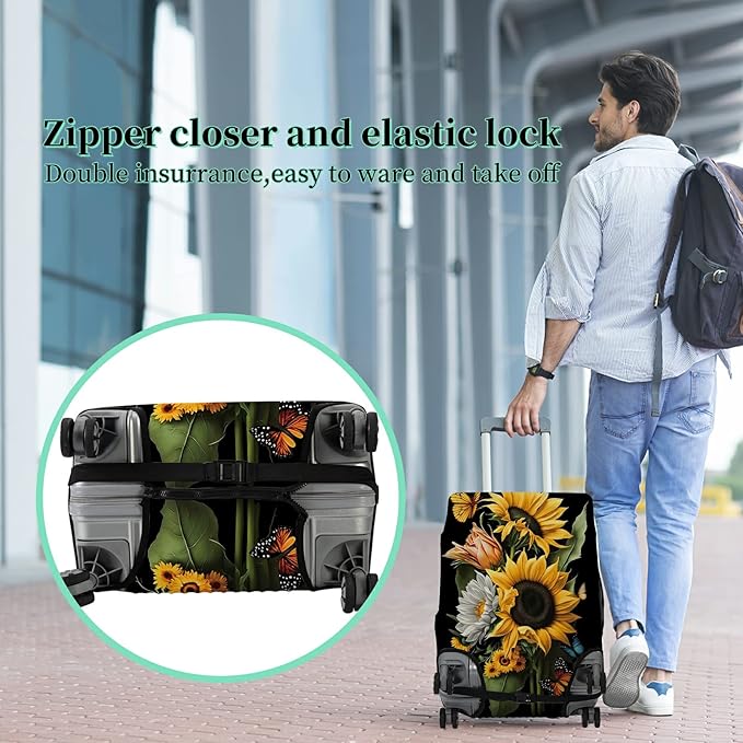 Suitcase Protector Plus 1 Luggage Tag, Sunflower Orchids Travel Suitcase Cover for 18-20 inch Luggage (S) with Concealed Zipper, Washable Elastic Cloth, Dustproof, Anti-Scratch