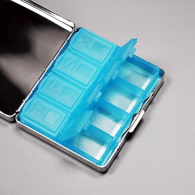 Silver Vintage Pill Box 7 Day Metal Pill Box with Mirror and 8 Compartments Cute Travel Pill Organizer for Purse (Halloween Label)