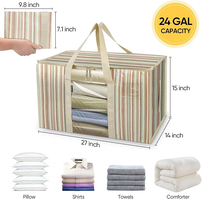 BALEINE 6-Pack Oversized Moving Bags with Reinforced Handles, Heavy-Duty Storage Tote for Clothes, Moving Supplies (Color Stripe with Window, 6-Pack)