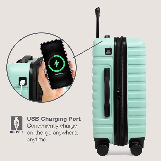 U.S. Traveler Boren Polycarbonate Hardside Rugged Travel Suitcase Luggage with 8 Spinner Wheels, Aluminum Handle, Mint, 3-Piece Set, USB Port in Carry-On