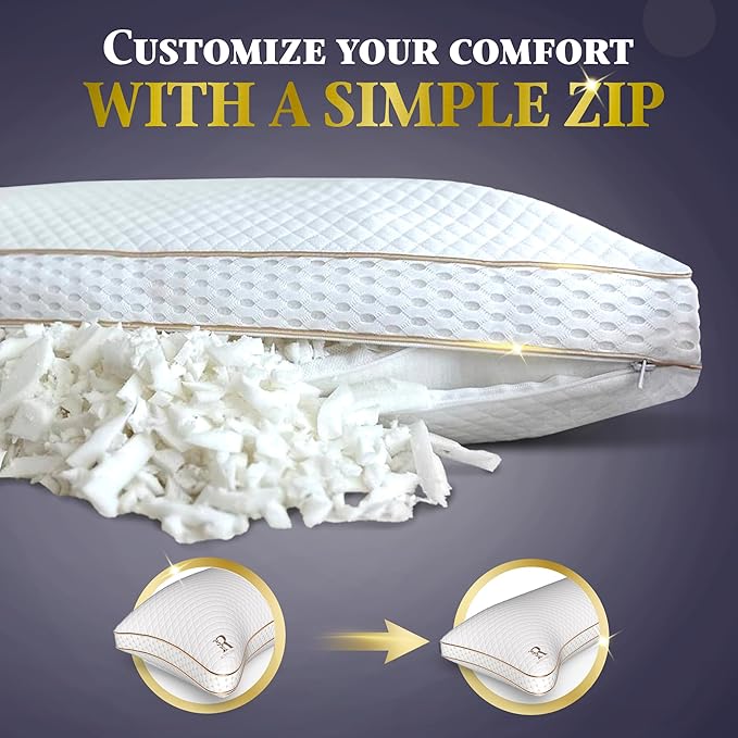 Royal Therapy King Memory Foam Pillow, Adjustable Shredded Odor-Free Pillow for Neck & Shoulder Pain Relief, Support for Back, Stomach, Side Sleepers
