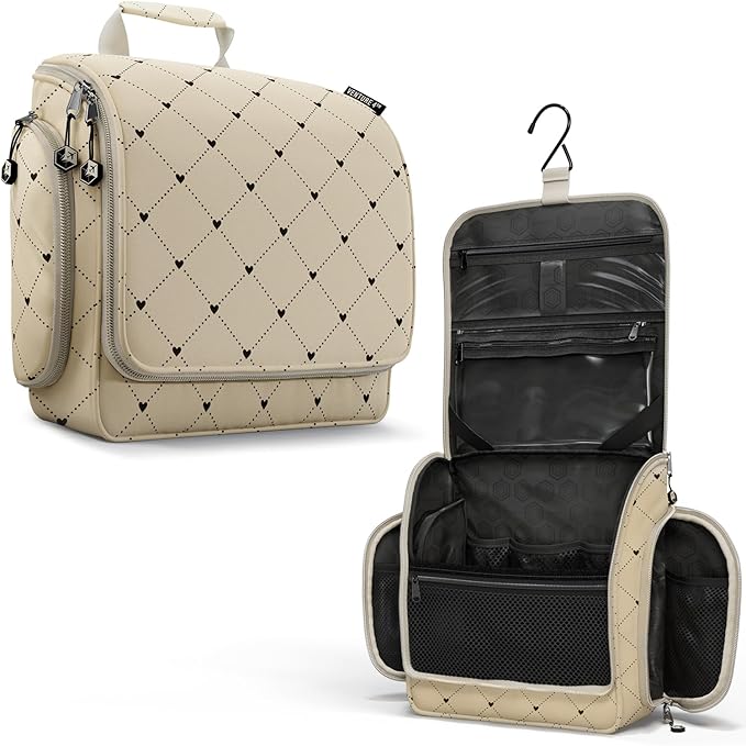 VENTURE 4TH Hanging Travel Toiletry Bag for Women & Men - Travel Organizer with Expandable Compartments & Removable Clear Pouch for Toiletries (Beige Diamonds)