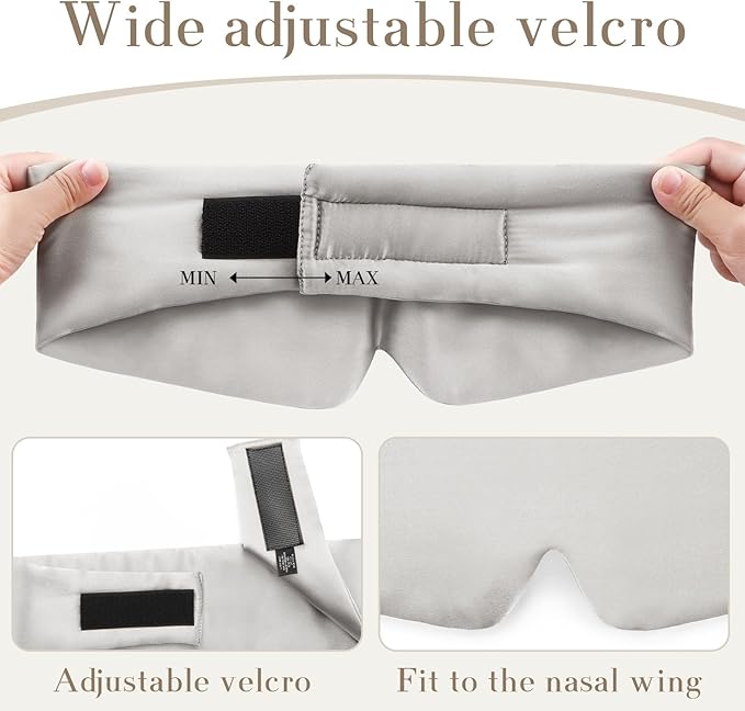 100% Mulberry Silk Sleep Mask Eye Mask for Women Man with Adjustable Band, for Side Sleeper Blackout Sleep Mask for Travel Rest and Office (Gray)
