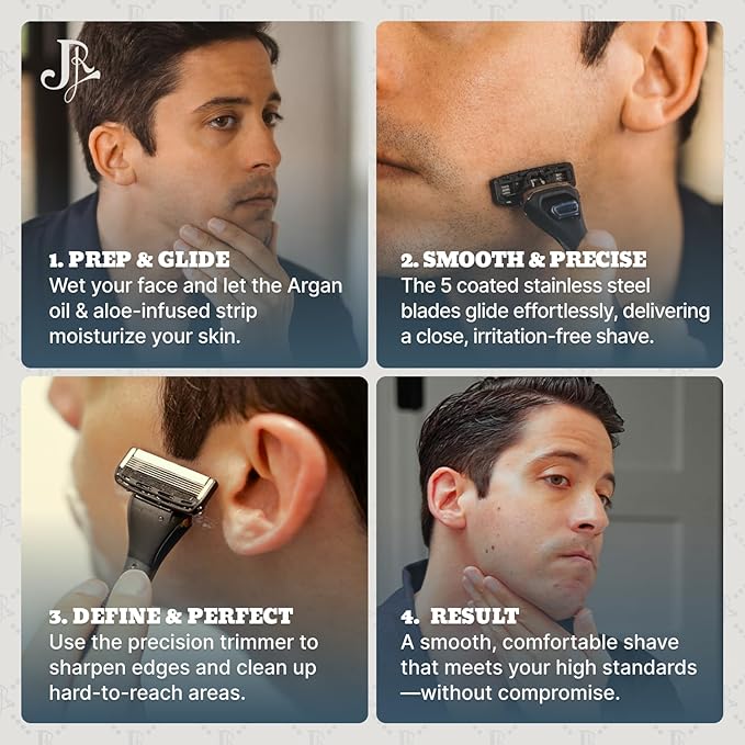 Jeremy's Razors for Men: Precision 5 Blade Razor - Stainless Blades, Lubricating Strip, Precision Trimmer - Men's Shaving Essentials Kit, Travel Shaver Face Body Head Shavers (1 Razor 1 Cartridge)