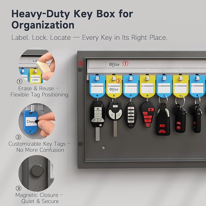 WeHere Key Lock Box Wall Mount, 16 Key Cabinet with Combination Lock & Key Tags, Digital Code Key Organizer Security Storage Lockbox, Key Management for Garage,Office,Holtel,Home