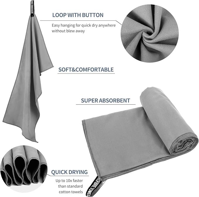 Microfiber Travel Towel, Soft Lightweight Quick Dry Towel, Super Absorbent Compact Travel & Sports & Beach Towels for Camping, Backpack, Gym, Swimming, Yoga, Hiking (L:24"×48" -Light Gray)