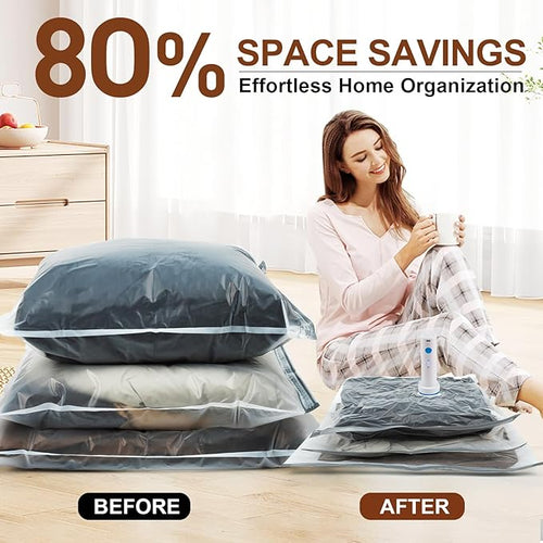 12 Pack Vacuum Storage Bags,Space Saver Bags for Clothing,Comforters,and Bedding,Includes 2 Jumbo, 2 Large, 2 Medium, 2 Small/4 Roll Bags,Compression for Closet & Travel, With Electric Pump
