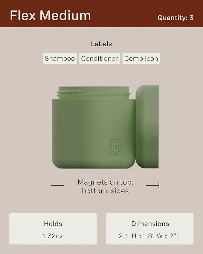 Cadence Travel Containers Haircare Capsule Set - Magnetic Containers with Lids,Carry On Travel Essentials For Women/Men - 3 Flex Mediums (1.32oz) - Shampoo, Conditioner & Comb Icon Labels - Sand