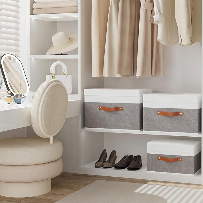 Fabric Storage Bins with Lids, 3 Pack Linen Foldable Cloth Baskets, 15 x 9.8 x 9.8 Inch Closet Organizer Containers with Double Handles, Sweater Boxes for Bedroom, White and Grey