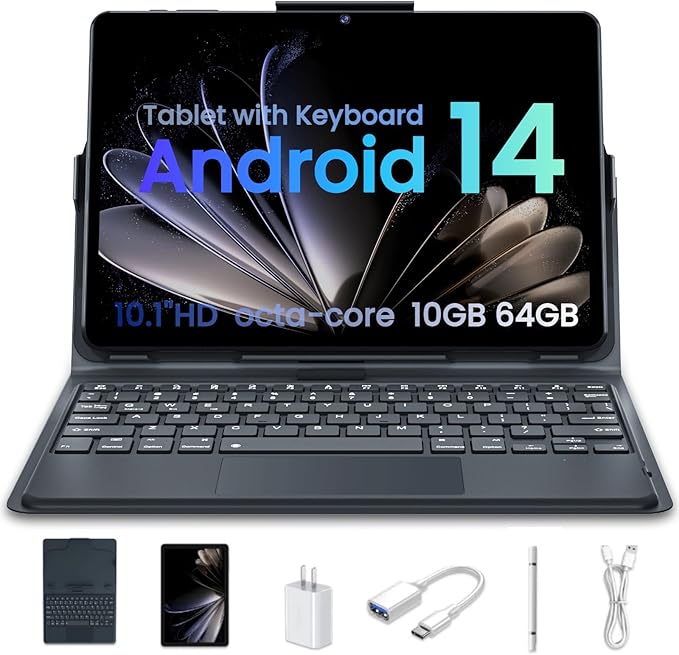 Tablet 10 Inch Android Tablets | with 10GB RAM + 64GB ROM (1TB Expand) | Octa-Core | 1280x800 IPS HD Touchscreen | Dual Camera | 6000mAh. Tablet with Keyboard (Blue)