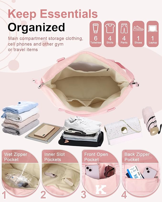 Initial Travel Duffel Bag Sports Gym Bag for Girls Teen Birthday Gifts,Pink Personalized Weekender Bag Carry On Tote Bags for Women Men,Waterproof Overnight Luggage Bag with Trolley Sleeve(Letter K)