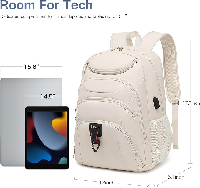 Boavan Laptop Backpack for women,15.6 inch Laptop Bag with USB Port, Waterproof Travel Work Backpack Purse, Anti-Theft Teacher Nurse Doctor Casual Bookbags Office Business backpack，Cream Beige