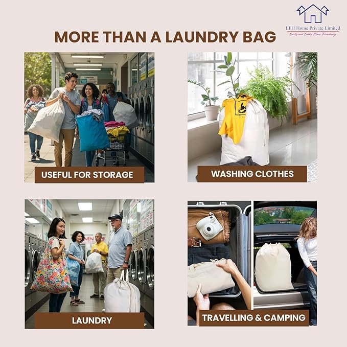 LFH Home Cotton Canvas Large Laundry Bag with Handle, Heavy Duty Drawstring Closure Washable Laundry Bags, School Travel, Home, Hotel, College Dorm, Organizer Sack, Toy Clothes 24x36 (Pack of 2)-White