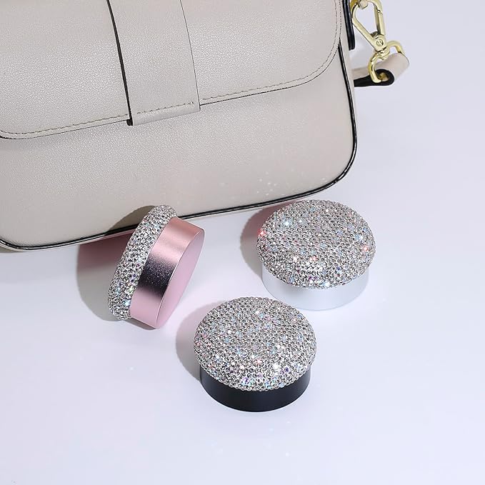 Small Pill Case 3 Compartments, Metal Round Portable Pill Box, Waterproof Travel Pill Organizer, Pocket Purse Medicine Vitamin Holder EDC Container (Black with Rhinestone)