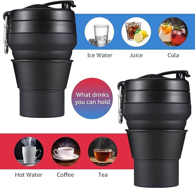 2PACK Collapsible Coffee Cup, 16 OZ 480ml Silicone Folding Camping Mug, Leak Proof BPA Free Portable Sport Bottle with Lids for hiking, Microwave & Dishwasher Safe (Black)