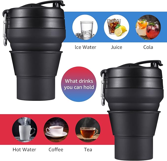 Collapsible Coffee Cup, 2 Pack 20 OZ 600ml Silicone Travel Folding Cup, Leak Proof BPA Free Portable Cup, Travel mug with Lids for Camping hiking (2 * 20OZ)