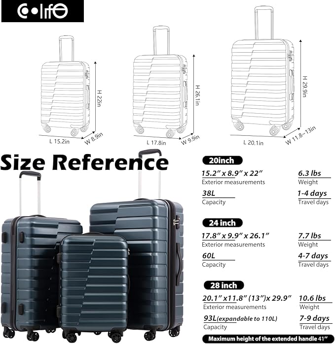 COOLIFE Expandable Suitcase PC ABS TSA Luggage 3 Piece Set Lock Spinner Carry on (Teal blue)