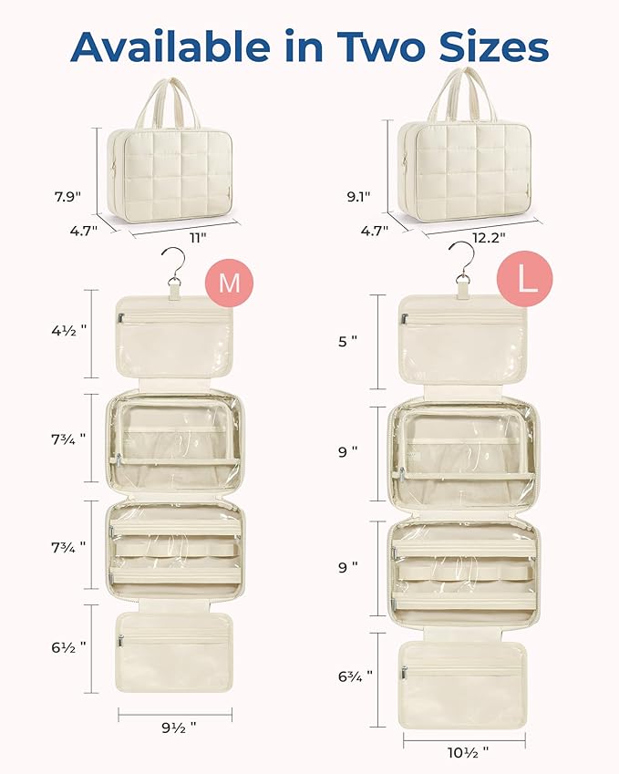BAGSMART Travel Toiletry Bag with Jewelry Organizer, Hanging Travel Bag for Toiletries, Puffy Makeup Cosmetic Bag Organizer, Carry-on Travel Accessories Essentials, Beige-M