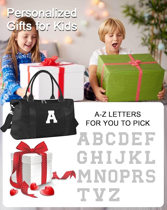 Initial Travel Duffel Bag Sports Gym Bag for Boys Teen Birthday Gifts,Black Personalized Weekender Bag Carry On Tote Bags for Men,Waterproof Overnight Luggage Bag Airplane Travel Essentials(Letter A)