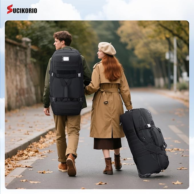Tactical Travel Duffle Bag with Wheels and Handle 3 in 1 Large 85L XL Rolling Travelling Backpack Waterproof Oxford Carry On Hand Luggage Deployment Bags with Combination Padlock, Khaki
