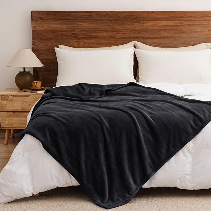 PHF Ultra Soft Fleece Throw Blanket, No Shed No Pilling Luxury Plush Cozy 300GSM Lightweight Blanket for Bed, Couch, Chair, Sofa Suitable for All Season, 50" x 60", Black