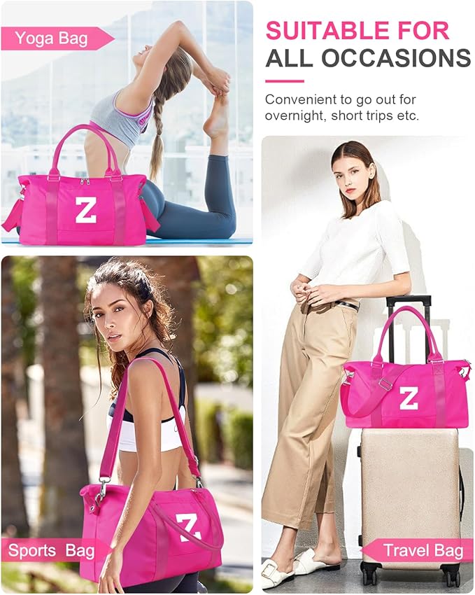 Overnight Bag for Kids Teen Girls Weekender Dance Bag Birthday Graduation Gifts,Initial Travel Duffel Bag Sports Gym Bag Personalized Weekender Bag Carry On Bags Preppy Gifts for Women(Hot Pink, Z)