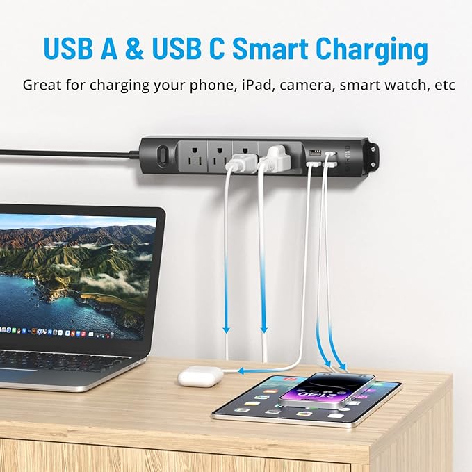 TROND Surge Protector Power Strip with USB, Ultra Thin Flat Plug 15ft Long Extension Cord 1625W, 3 USB A & 1 Type C, 4 AC Outlets 1440J Surge Protection Wall Mount for Home Office Dorm Room, Black