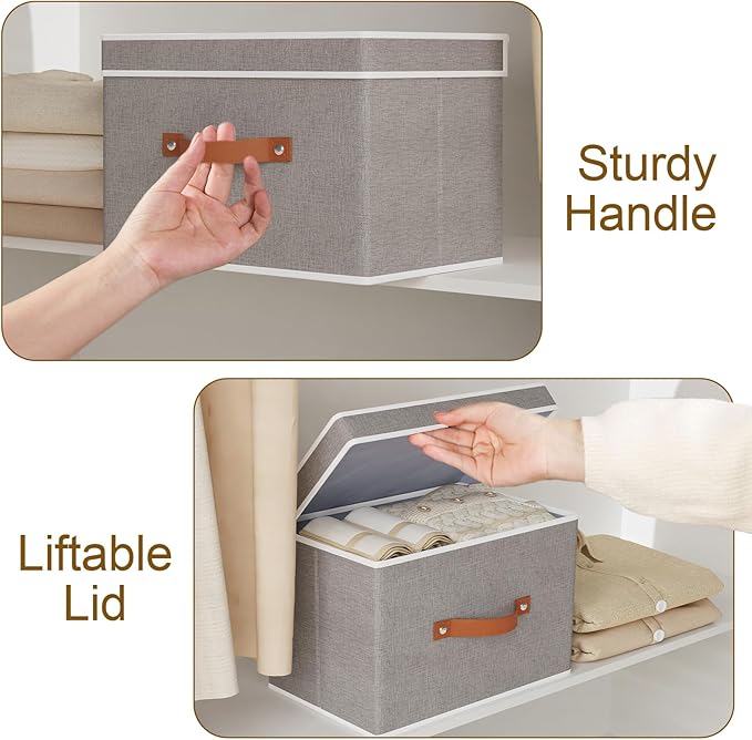 Collapsible Storage Bins with Lids, 3 Pack Linen Foldable Cloth Baskets, 15 x 9.8 x 9.8 Inch Closet Organizer Containers with Double Handles, Sweater Boxes for Bedroom, Grey