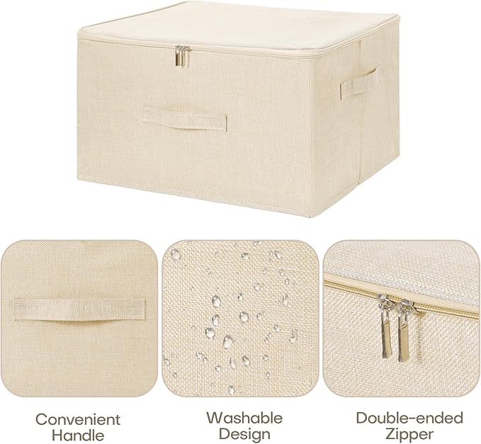 ANMINY Storage Bins with Zipper Lids 51.9 Qt Lidded Fabric Storage Boxes Baskets Cubes with Handles Collapsible Washable Cotton Linen Closet Shelf Clothes Organizer - Beige, Extra Large