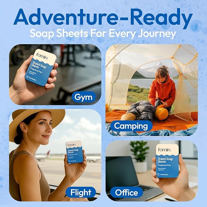 FOMIN - Antibacterial Paper Soap Sheets Tin for Traveling - (300 Sheets) Unscented - Portable Travel Hand Soap Sheet, Dissolvable Mini Camping Hand Soap for Hand Washing