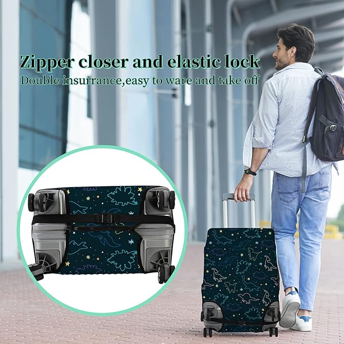 Luggage Cover Suitcase Protector Plus 1 Tag, Dinosaurs Space Travel Suitcase Cover for 18-20 inch Luggage (S) with Concealed Zipper Washable Elastic Cloth Dustproof Anti-Scratch