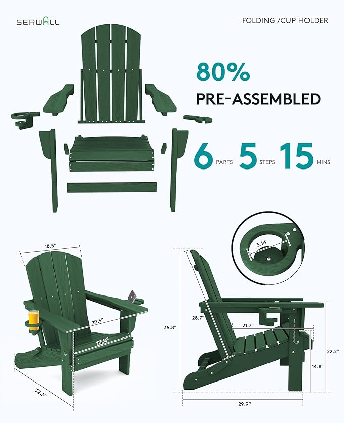SERWALL Adirondack Chair with Cup Holders - Composite Adirondack Chairs Set of 4 HDPE Outdoor Chairs All Weather Use- Green