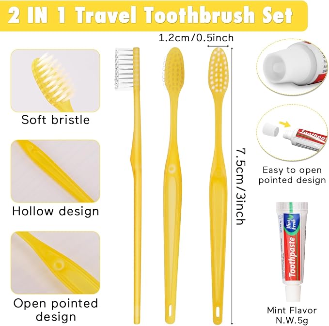 HOFASON Disposable Toothbrushes with Toothpaste Pack of 1000, Yellow Hollow Travel Toothbrush Set with 5g Toothpaste Individually Wrapped Toothpaste Bulk for Homeless, Nursing Home, Shelter, Hotel