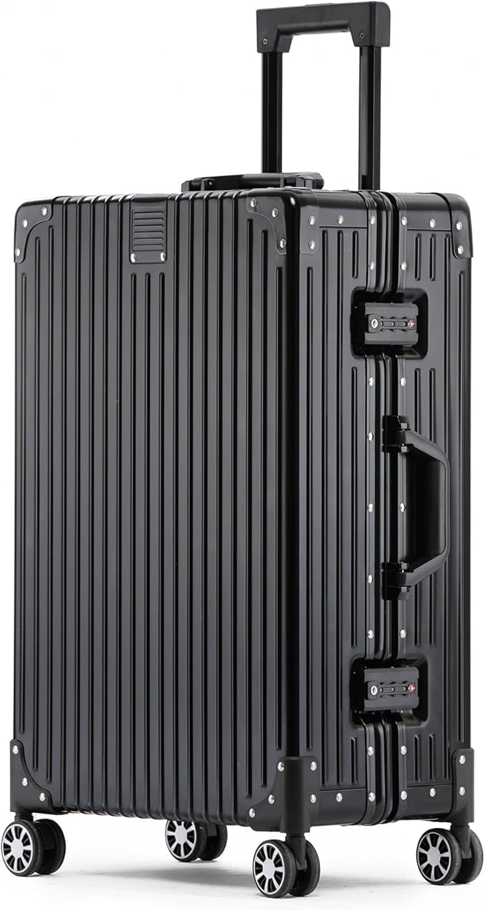 Metal All Aluminum Carry-on Luggage TSA Customs Lock Zipperless Silent Rotary Wheel Business Suitcase Aluminum Frame Set (black, 26 '')