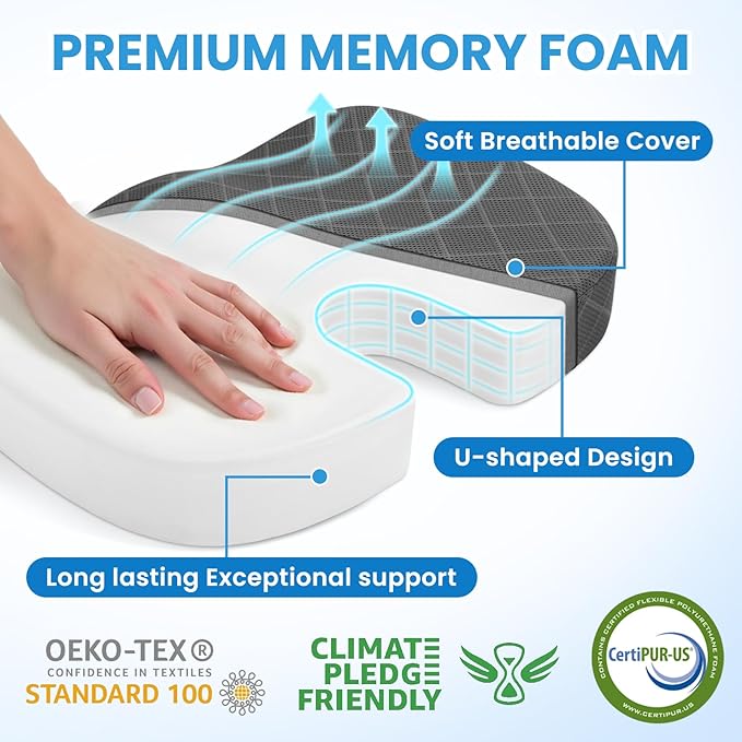 TushGuard Seat Cushion - Memory Foam Cushion for Office Chair, Car Seat, Airplane, Bleacher - Sciatica & Hip & Coccyx Pain Relief Desk Chair Cushion for Long Sitting Office Workers, Car Drivers