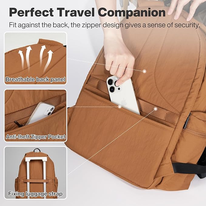 mixi Outdoor Lightweight Backpack Casual Carry On Laptop Backpack Travel Bookbag for Women Men, Water Resistant Durable Hiking Bag for Camping Weekender Sports College Work, 17 Inch, Brown