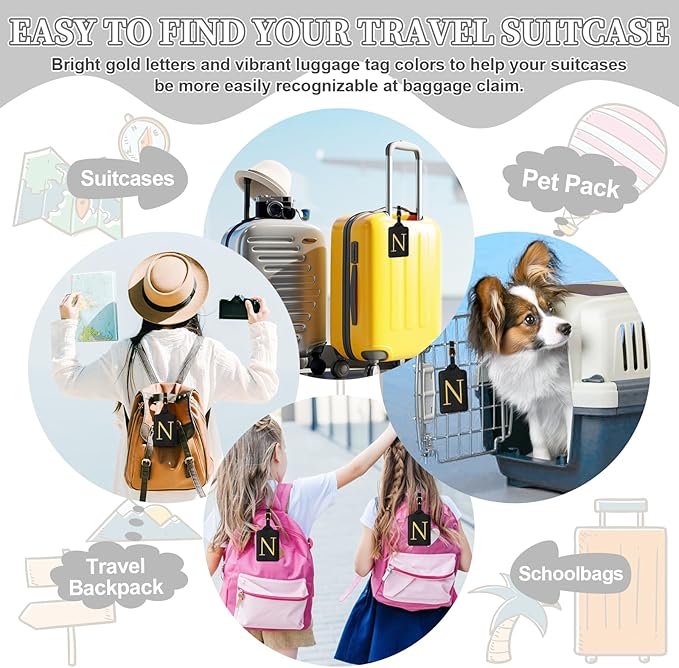 Personalized Initial Luggage Tags for Suitcase TSA Approved, Black Leather Cute Luggage Tag with Privacy Cover Name Card, Embroidered Custom Luggage Tags Travel Backpack Tags Gifts for Women Kids(N)