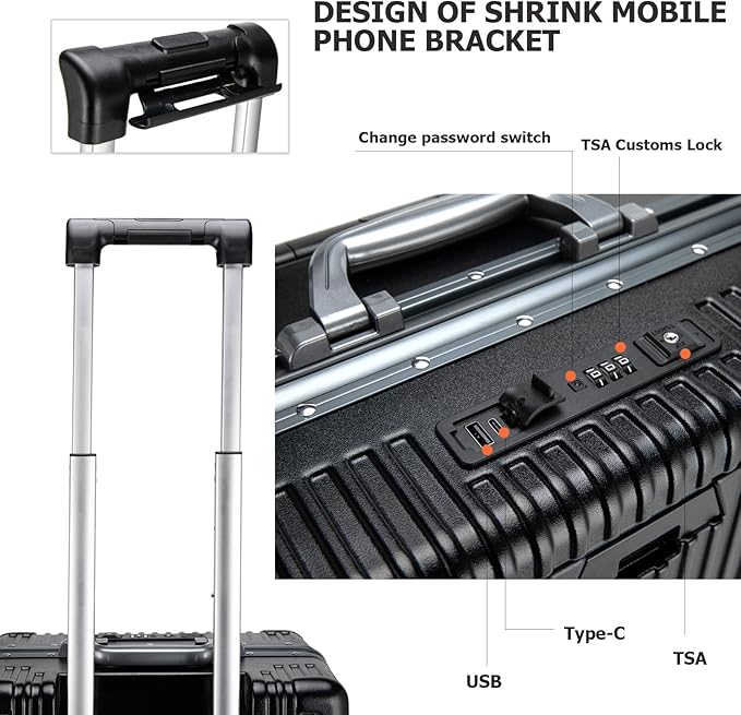 feilario 24in Aluminium Frame PC Hard Shell Spinner Wheels Luggage, Built-In TSA lock Carry on Suitcase, with Cup Holder, USB Port, Phone Holder ﻿
