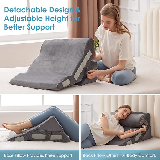 4PCS Bed Wedge Pillow for Headboard, Adjustable Wedge Pillow for Sleep Apnea, 23” Wide Triangle Pillow Wedge Set for After Surgery, Acid Reflux Relief, Snoring, Neck&Back Support, Grey
