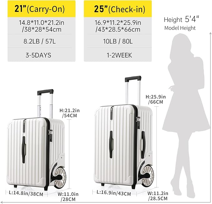 Extra Large Wheels 80L Luggage Hard Shell Suitcase Top Opening Hardside Travel Checked Luggage with TSA Lock (White, 25-Inch)